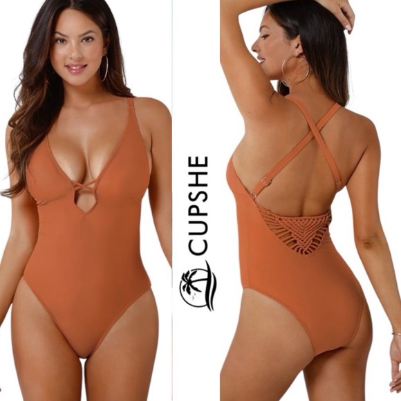 CUPSHE BURNT ORANGE BOHO MACRAME BACK ONE PIECE SWIMSUIT **NWT** - Picture 1 of 10